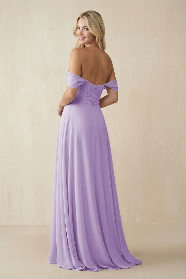 Off - the - Shoulder Chiffon A - Line Long Bridesmaid Dress in Lavender - KissProm Bridesmaid Dresses