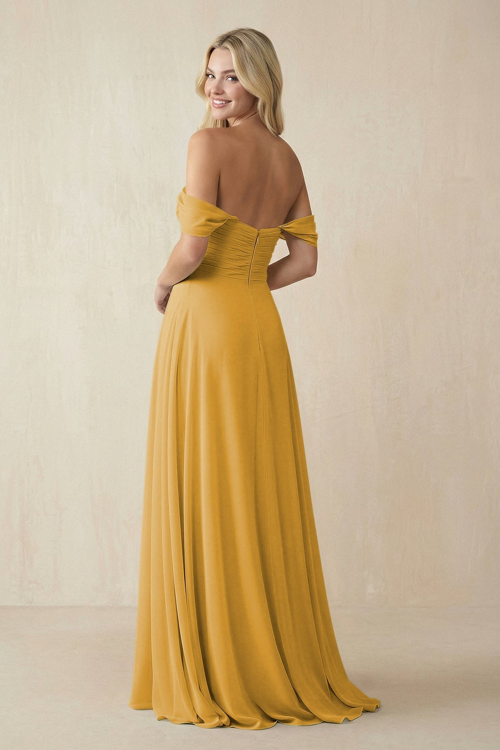 Off - the - Shoulder Chiffon A - Line Long Bridesmaid Dress in Marigold - KissProm Bridesmaid Dresses