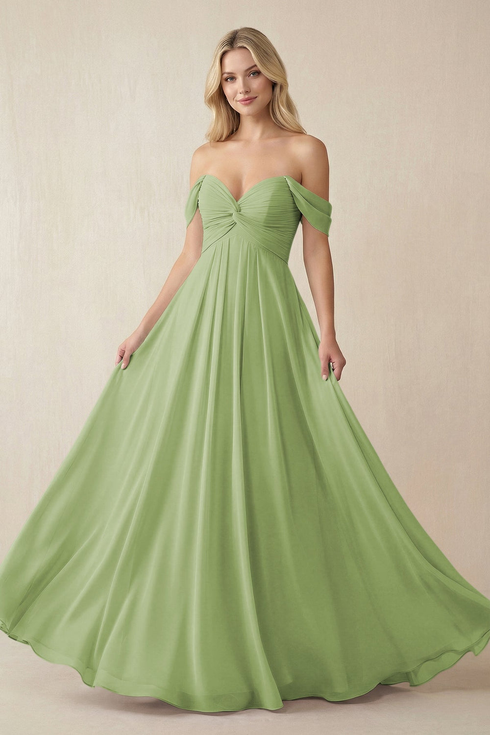 Off - the - Shoulder Chiffon A - Line Long Bridesmaid Dress in Matcha - KissProm Bridesmaid Dresses