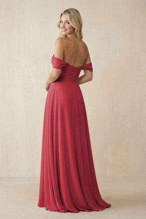 Off - the - Shoulder Chiffon A - Line Long Bridesmaid Dress in Merlot - KissProm Bridesmaid Dresses