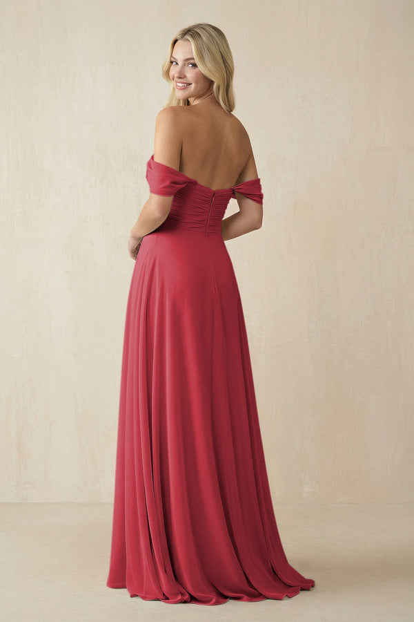 Off - the - Shoulder Chiffon A - Line Long Bridesmaid Dress in Merlot - KissProm Bridesmaid Dresses