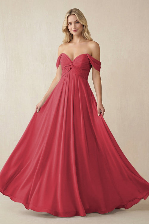 Off-the-Shoulder Chiffon A-Line Long Bridesmaid Dress in Merlot, Merlot / 10