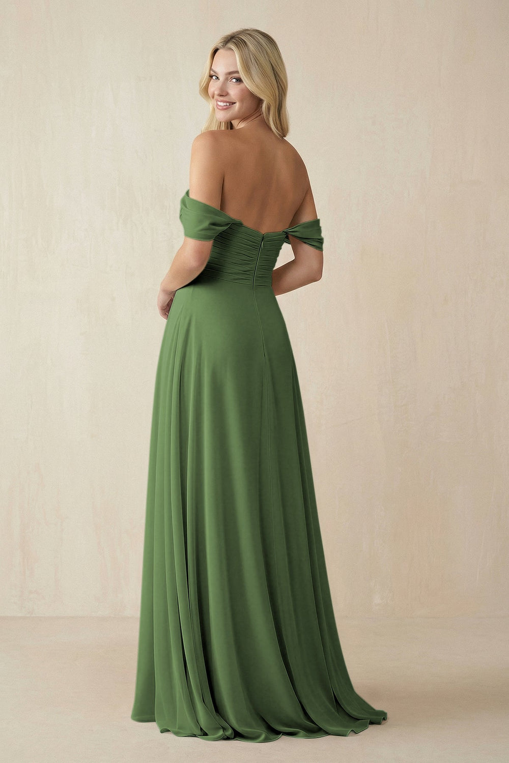 Off - the - Shoulder Chiffon A - Line Long Bridesmaid Dress in Moss - KissProm Bridesmaid Dresses