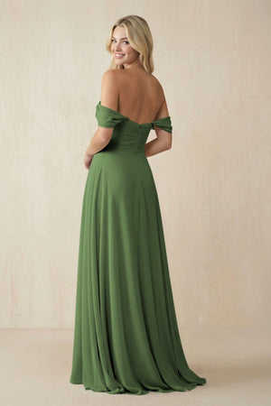 Off - the - Shoulder Chiffon A - Line Long Bridesmaid Dress in Moss - KissProm Bridesmaid Dresses