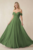 Off - the - Shoulder Chiffon A - Line Long Bridesmaid Dress in Moss - KissProm Bridesmaid Dresses