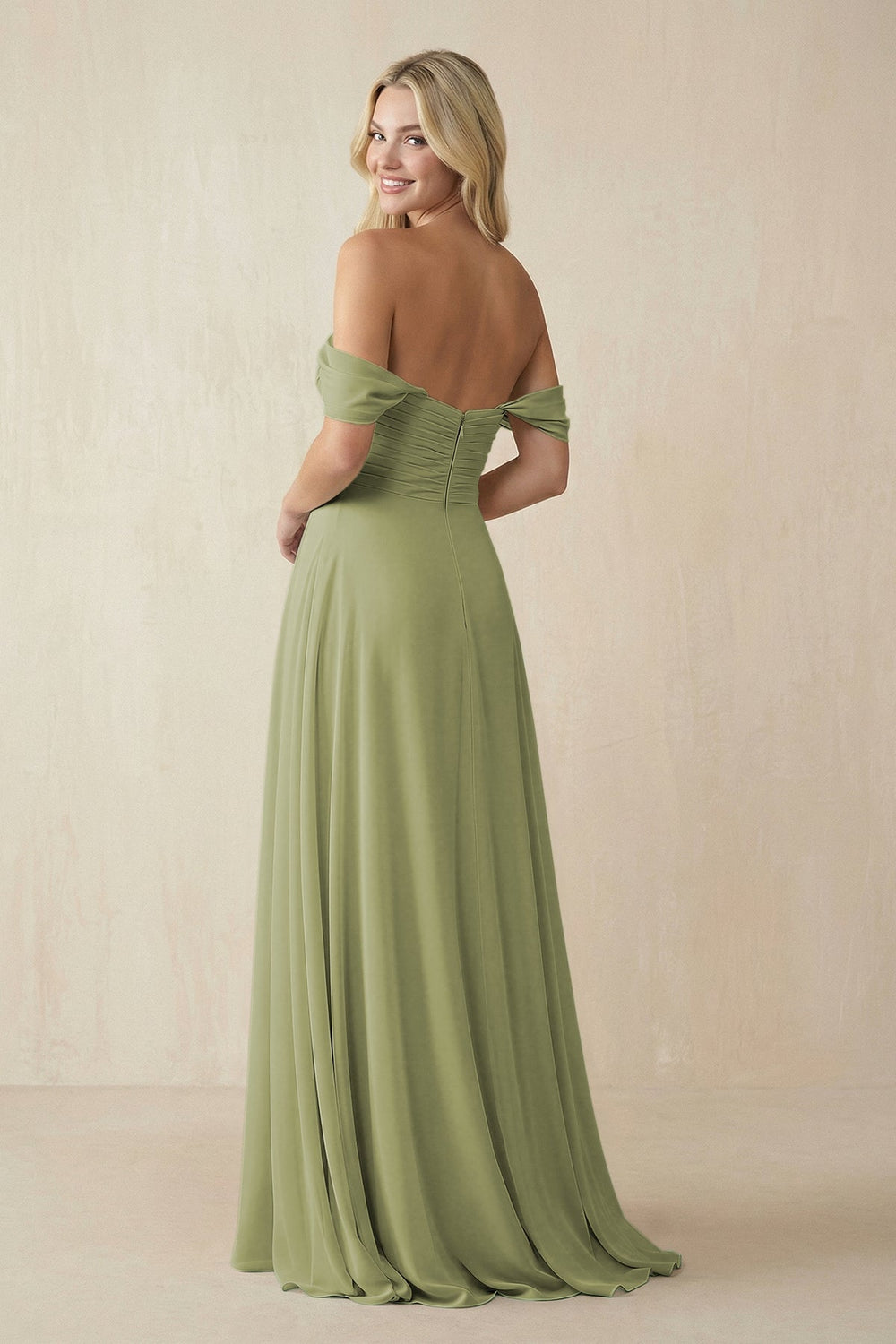 Off - the - Shoulder Chiffon A - Line Long Bridesmaid Dress in Moss Green - KissProm Bridesmaid Dresses
