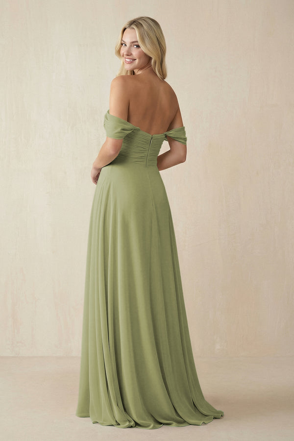 Off - the - Shoulder Chiffon A - Line Long Bridesmaid Dress in Moss Green - KissProm Bridesmaid Dresses