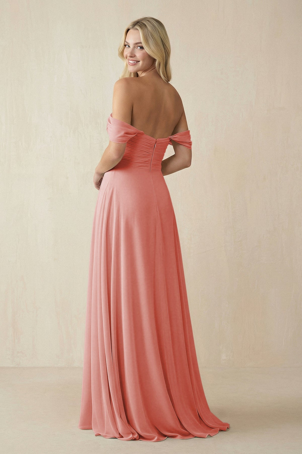 Off - the - Shoulder Chiffon A - Line Long Bridesmaid Dress in Mulberry - KissProm Bridesmaid Dresses