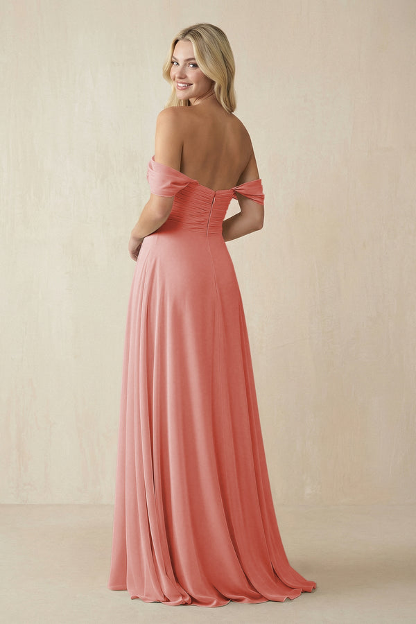 Off - the - Shoulder Chiffon A - Line Long Bridesmaid Dress in Mulberry - KissProm Bridesmaid Dresses