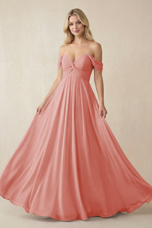 Off - the - Shoulder Chiffon A - Line Long Bridesmaid Dress in Mulberry - KissProm Bridesmaid Dresses