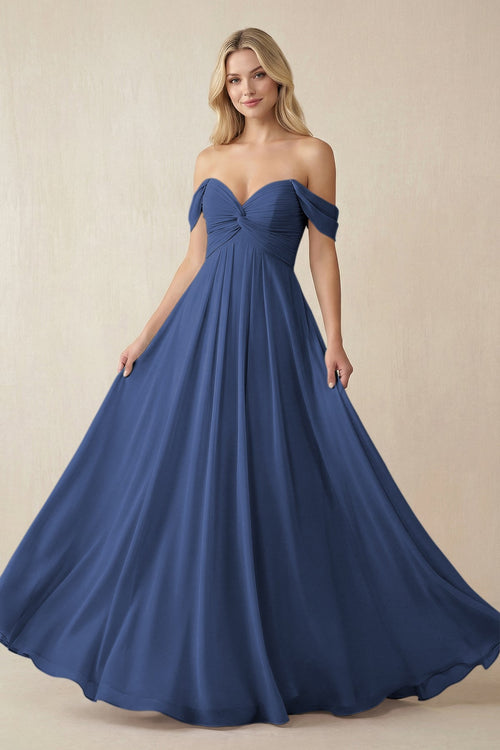KissProm Off-the-Shoulder Chiffon A-Line Long Bridesmaid Dress in Navy, Navy / 8
