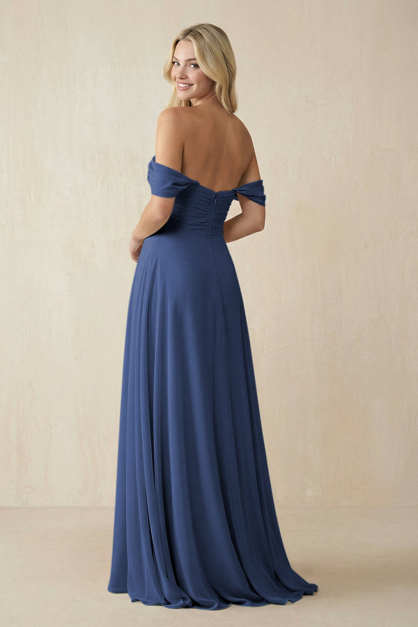 KissProm Off-the-Shoulder Chiffon A-Line Long Bridesmaid Dress in Navy, Navy / 8