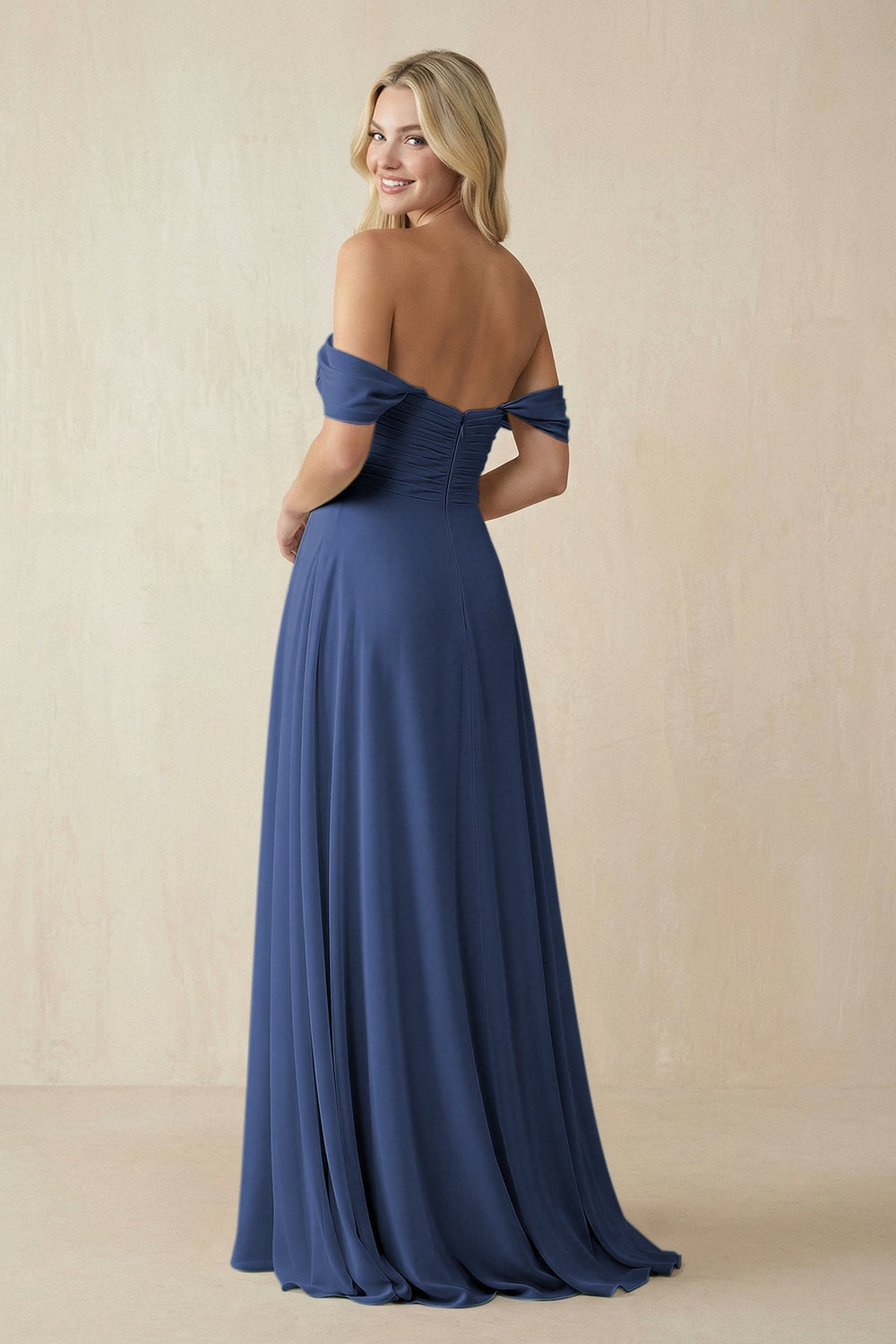Off - the - Shoulder Chiffon A - Line Long Bridesmaid Dress in Navy - KissProm Bridesmaid Dresses