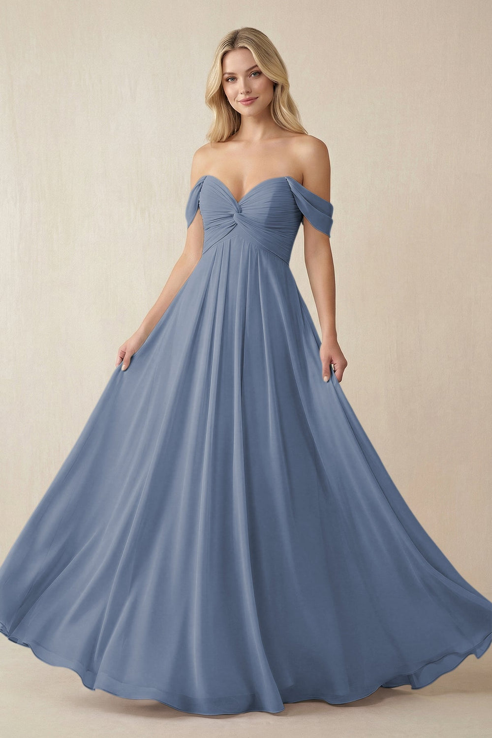 Off - the - Shoulder Chiffon A - Line Long Bridesmaid Dress in Neptune - KissProm Bridesmaid Dresses