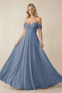 Off - the - Shoulder Chiffon A - Line Long Bridesmaid Dress in Neptune - KissProm Bridesmaid Dresses