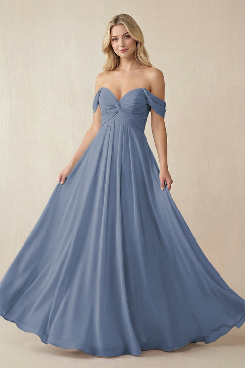 Off - the - Shoulder Chiffon A - Line Long Bridesmaid Dress in Neptune - KissProm Bridesmaid Dresses