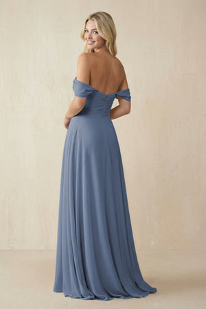 Off - the - Shoulder Chiffon A - Line Long Bridesmaid Dress in Neptune - KissProm Bridesmaid Dresses