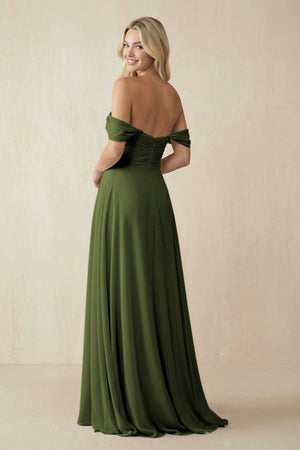 Off - the - Shoulder Chiffon A - Line Long Bridesmaid Dress in Olive - KissProm Bridesmaid Dresses