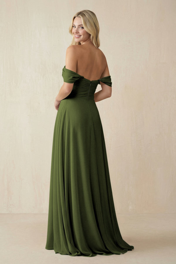 Off - the - Shoulder Chiffon A - Line Long Bridesmaid Dress in Olive - KissProm Bridesmaid Dresses