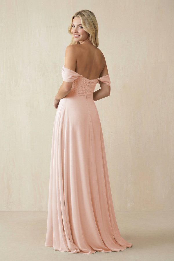 Off - the - Shoulder Chiffon A - Line Long Bridesmaid Dress in Pale Blush - KissProm Bridesmaid Dresses