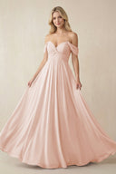 Off - the - Shoulder Chiffon A - Line Long Bridesmaid Dress in Pale Blush - KissProm Bridesmaid Dresses