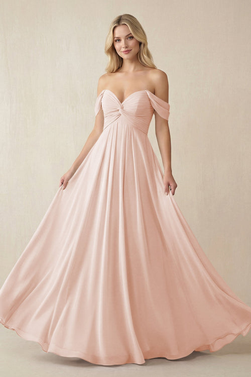 maid of honor dresses blush pink Off-the-Shoulder Chiffon A-Line Long Bridesmaid Dress in Pale Blush, Pale Blush / 28