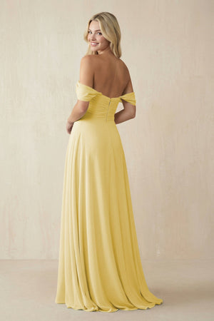 Off - the - Shoulder Chiffon A - Line Long Bridesmaid Dress in Pastel Yellow - KissProm Bridesmaid Dresses