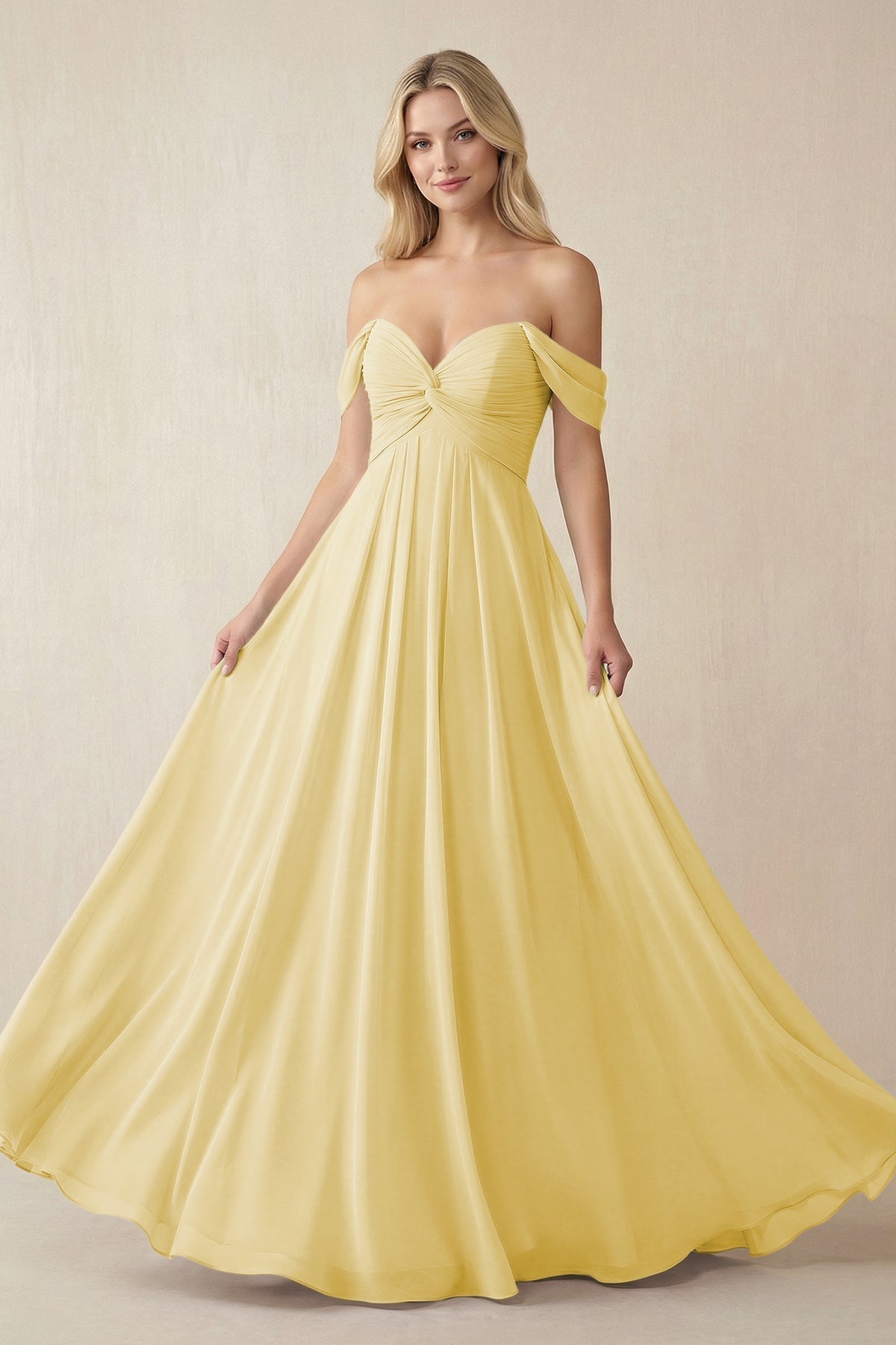 KissProm Off-the-Shoulder Chiffon A-Line Long Bridesmaid Dress in Pastel Yellow, Pastel Yellow / 30