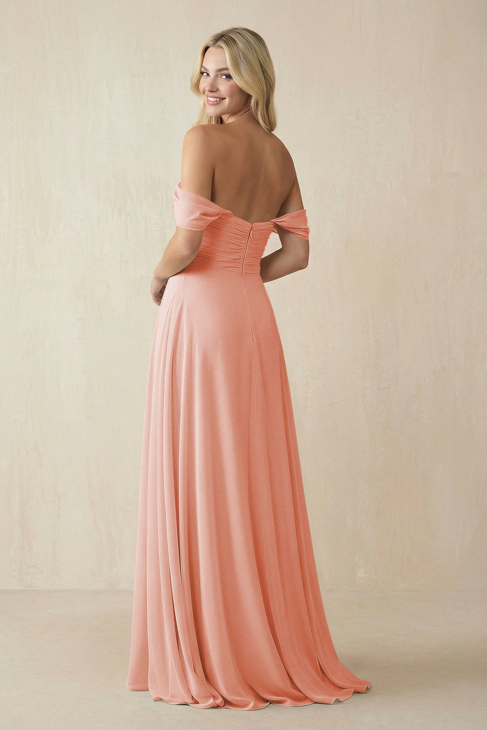 Off - the - Shoulder Chiffon A - Line Long Bridesmaid Dress in Rose Petal - KissProm Bridesmaid Dresses