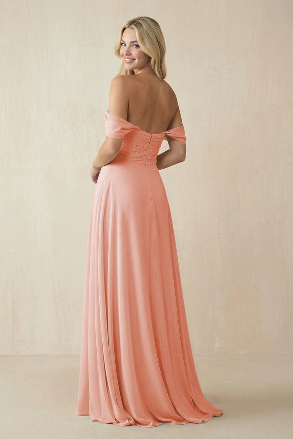 Off - the - Shoulder Chiffon A - Line Long Bridesmaid Dress in Rose Petal - KissProm Bridesmaid Dresses