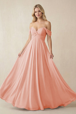 Off - the - Shoulder Chiffon A - Line Long Bridesmaid Dress in Rose Petal - KissProm Bridesmaid Dresses