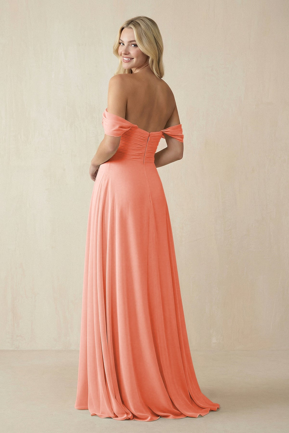 Off - the - Shoulder Chiffon A - Line Long Bridesmaid Dress in Rosette - KissProm Bridesmaid Dresses