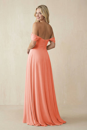 Off - the - Shoulder Chiffon A - Line Long Bridesmaid Dress in Rosette - KissProm Bridesmaid Dresses