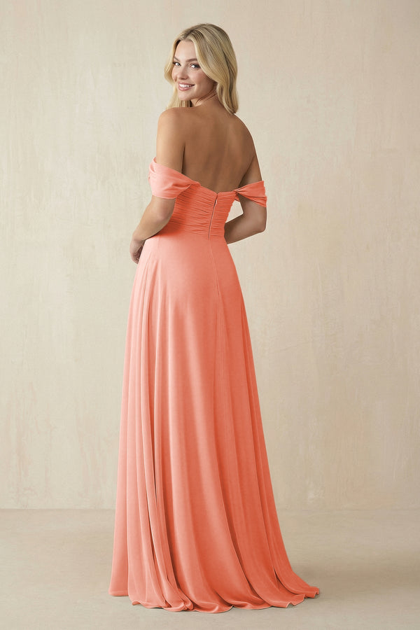 Off - the - Shoulder Chiffon A - Line Long Bridesmaid Dress in Rosette - KissProm Bridesmaid Dresses