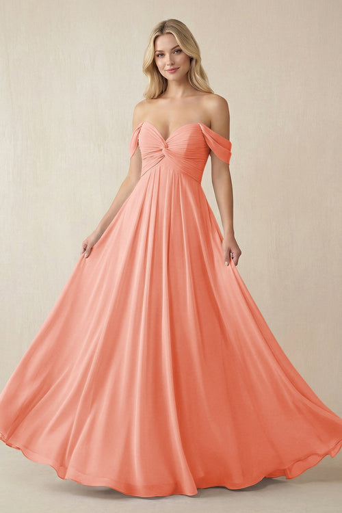 Off - the - Shoulder Chiffon A - Line Long Bridesmaid Dress in Rosette - KissProm Bridesmaid Dresses