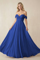Off - the - Shoulder Chiffon A - Line Long Bridesmaid Dress in Royal Blue - KissProm Bridesmaid Dresses