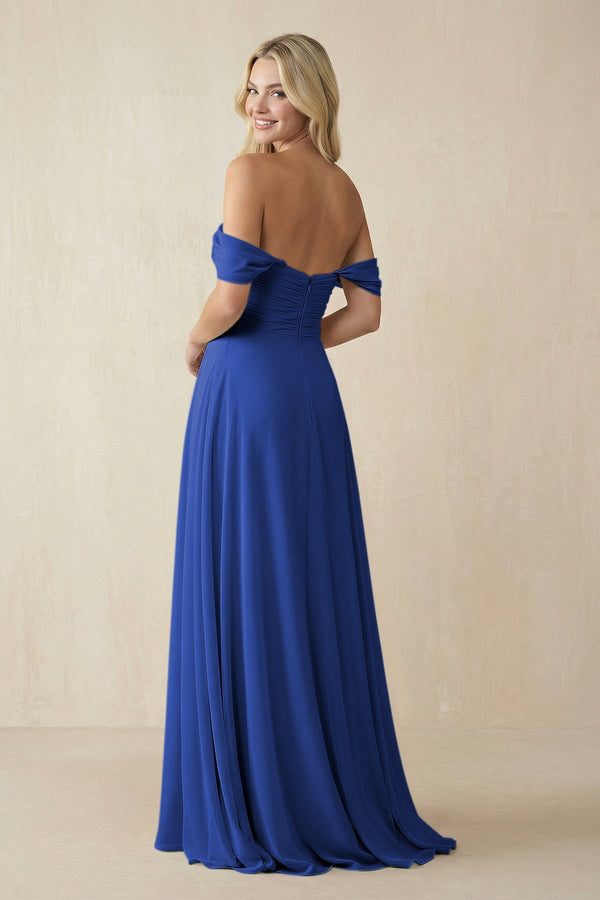 Off-the-Shoulder Chiffon A-Line Long Bridesmaid Dress in Royal Blue, Royal Blue / 10