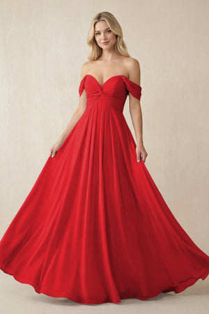 Off - the - Shoulder Chiffon A - Line Long Bridesmaid Dress in Ruby Red - KissProm Bridesmaid Dresses