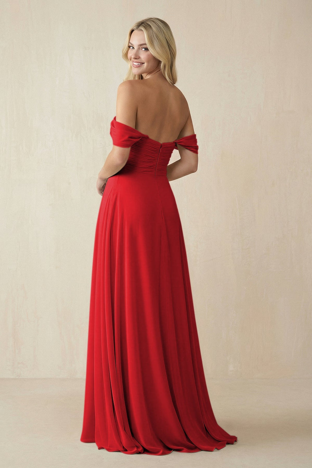 Off - the - Shoulder Chiffon A - Line Long Bridesmaid Dress in Ruby Red - KissProm Bridesmaid Dresses
