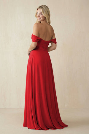Off - the - Shoulder Chiffon A - Line Long Bridesmaid Dress in Ruby Red - KissProm Bridesmaid Dresses