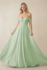 Off - the - Shoulder Chiffon A - Line Long Bridesmaid Dress in Sage - KissProm Bridesmaid Dresses