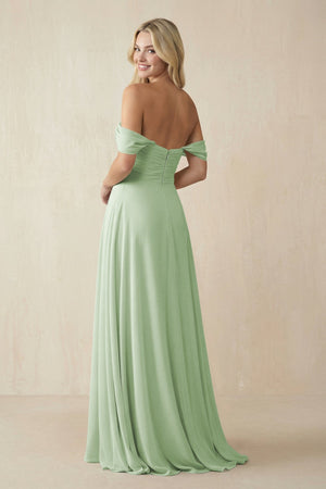 Off - the - Shoulder Chiffon A - Line Long Bridesmaid Dress in Sage - KissProm Bridesmaid Dresses