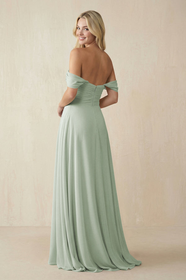 Off - the - Shoulder Chiffon A - Line Long Bridesmaid Dress in Sage - KissProm Bridesmaid Dresses