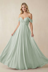 Off - the - Shoulder Chiffon A - Line Long Bridesmaid Dress in Sage - KissProm Bridesmaid Dresses