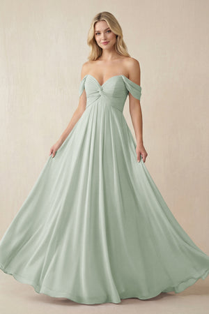 Off - the - Shoulder Chiffon A - Line Long Bridesmaid Dress in Sage - KissProm Bridesmaid Dresses