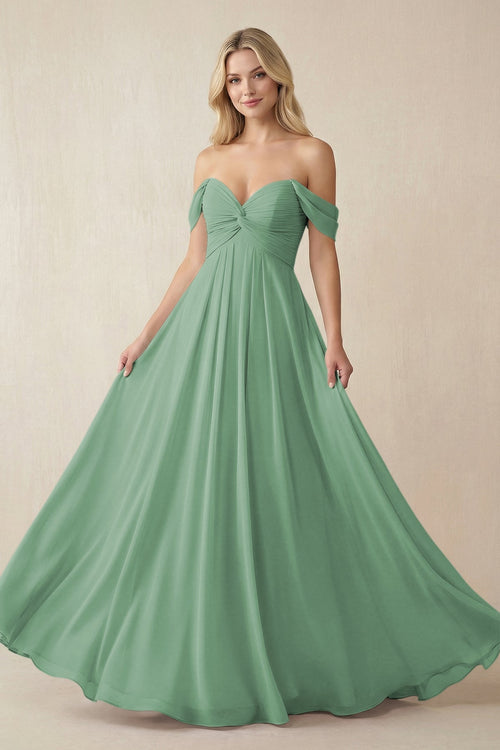 KissProm Off-the-Shoulder Chiffon A-Line Long Bridesmaid Dress in Sea Glass, Sea Glass / 0