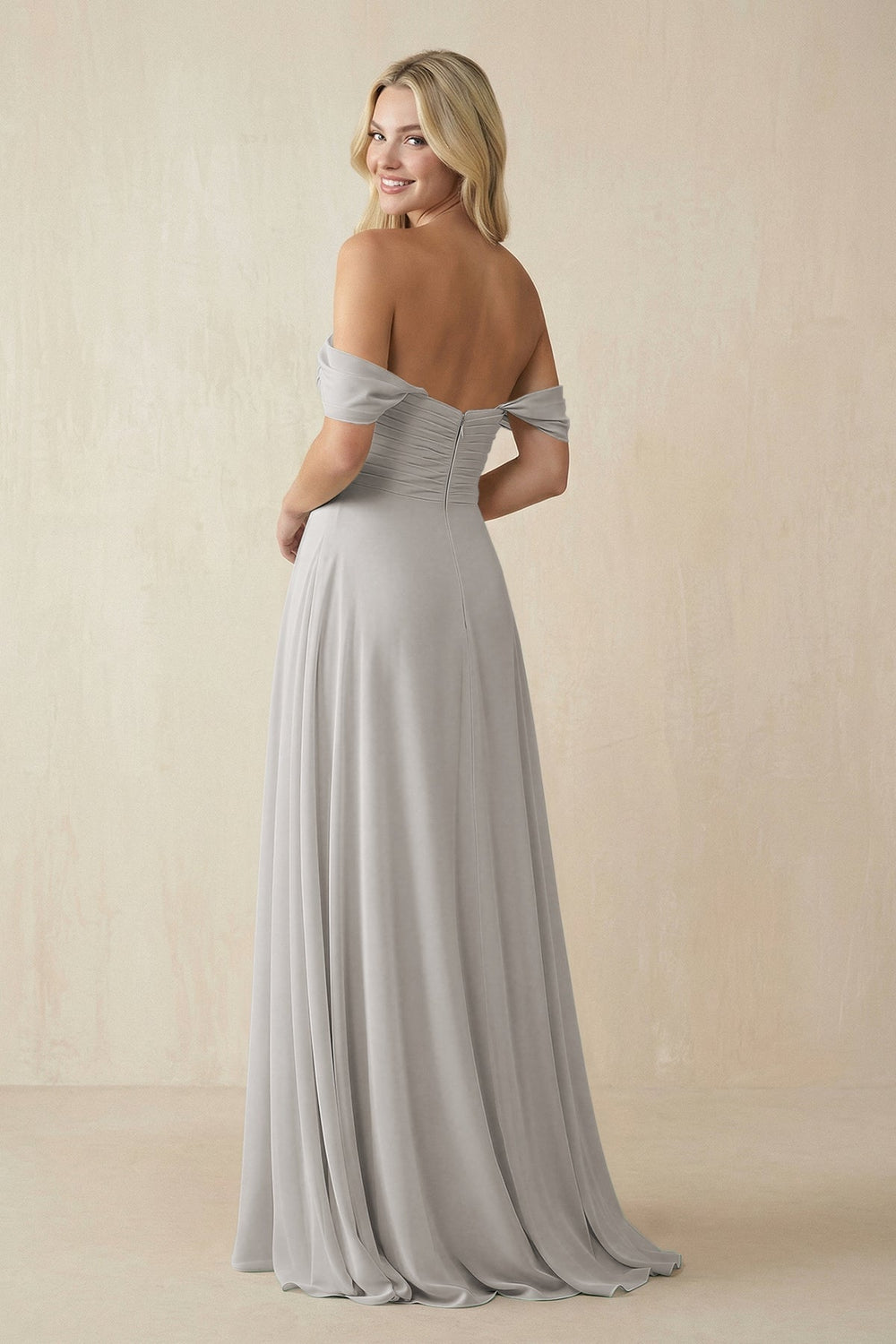 Off - the - Shoulder Chiffon A - Line Long Bridesmaid Dress in Silver - KissProm Bridesmaid Dresses
