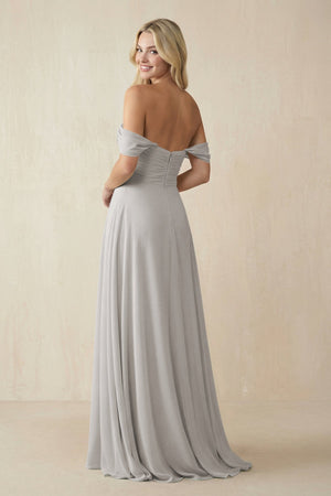 Off - the - Shoulder Chiffon A - Line Long Bridesmaid Dress in Silver - KissProm Bridesmaid Dresses