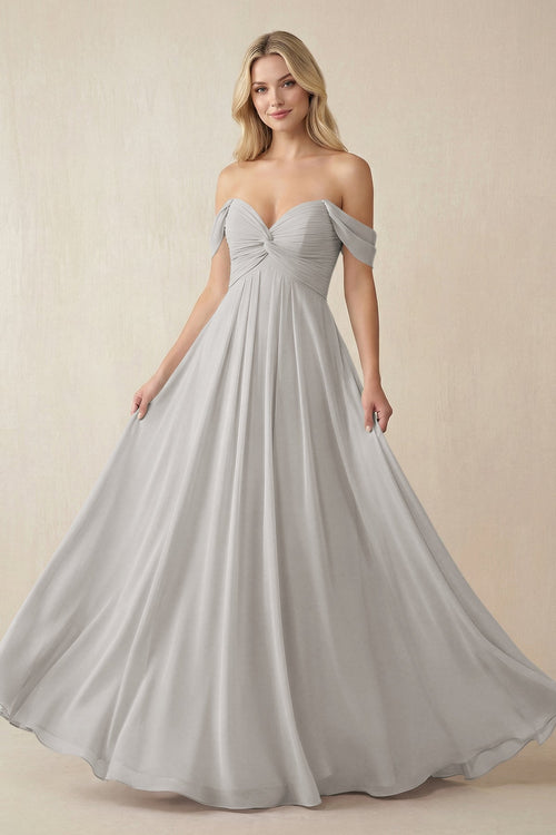 Off - the - Shoulder Chiffon A - Line Long Bridesmaid Dress in Silver - KissProm Bridesmaid Dresses