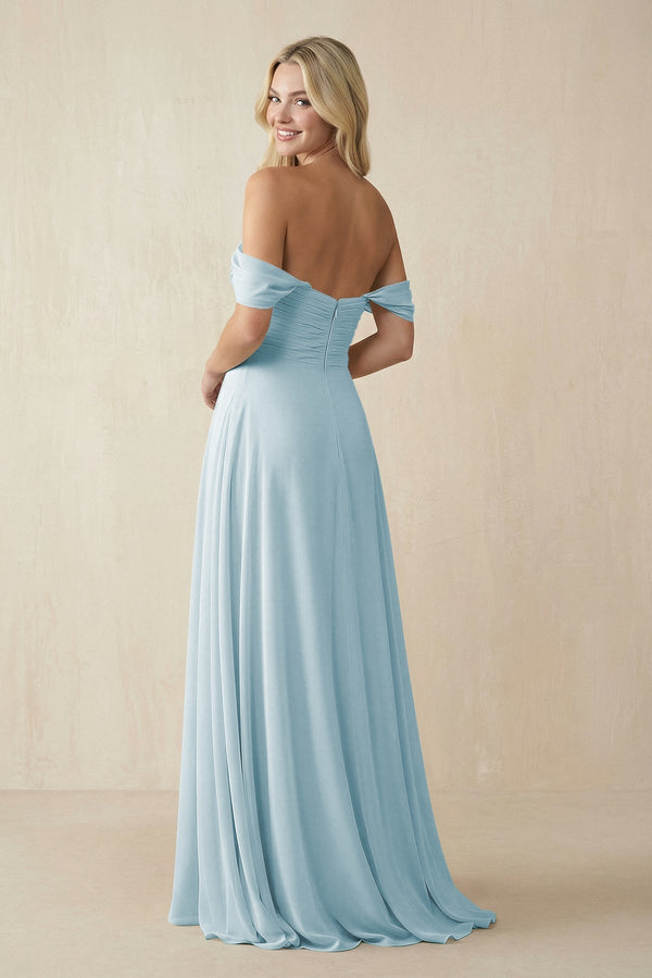 Off - the - Shoulder Chiffon A - Line Long Bridesmaid Dress in Sky Blue - KissProm Bridesmaid Dresses